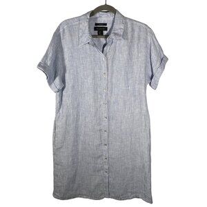 Tahari Womens Blue & White Striped Linen Shirt Dress Size L preppy cool classic